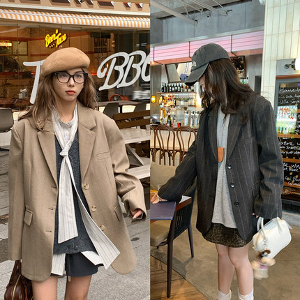 荒荒家 条纹休闲西装2024秋冬新款韩版气质宽松垂感西服外套女ins