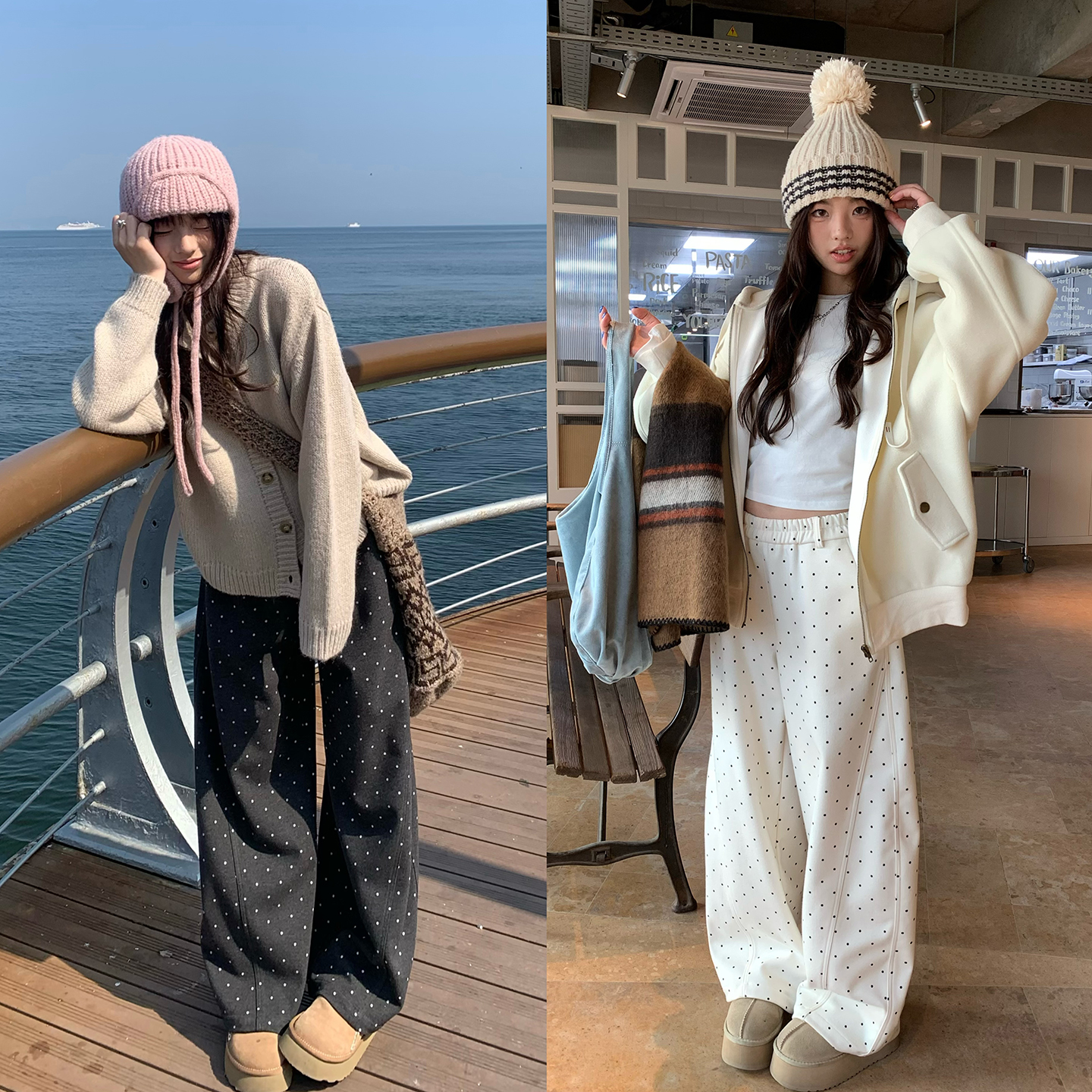 荒荒家波点休闲裤直筒高腰阔腿裤