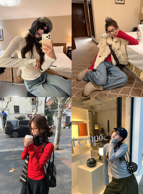 荒荒家 袖子开扣长袖T2025冬季新款修身纯欲基础款套头上衣外穿女