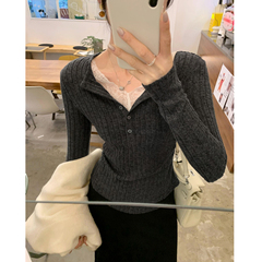 别致气质灰色蕾丝v领假两件针织衫女秋冬修身内搭毛衣打底衫上衣