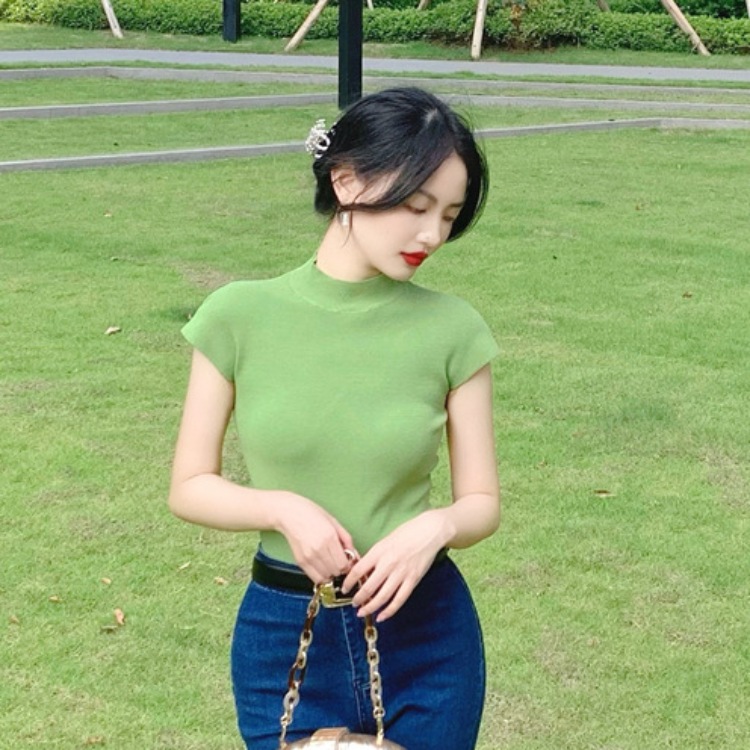 marllen黑色短袖半高领t恤女短袖2024年夏高弹小众设计感显瘦上衣