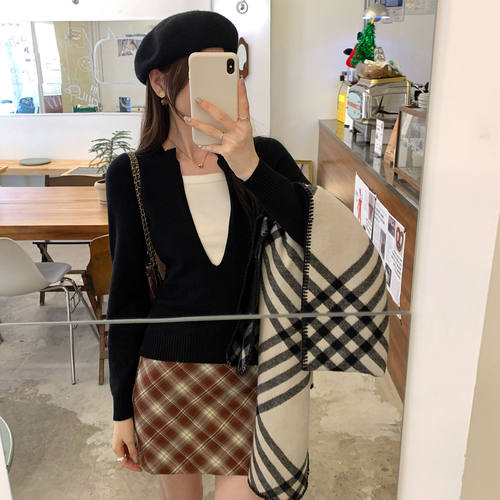 时尚高级感撞色假两件针织衫毛衣女2026新款早秋季内搭打底衫上衣