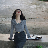 高级感多穿一字肩荡领不规则针织打底衫 女秋冬设计感修身 内搭上衣