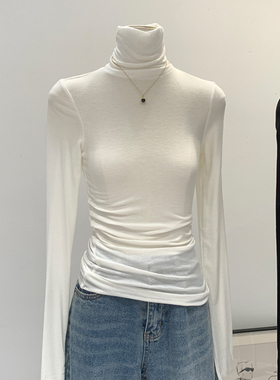 天丝羊毛高领内搭打底衫女2025秋冬新款白色高级感堆堆领修身上衣