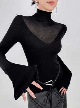 纯欲黑色高领毛衣长袖针织衫女冬拼接镂空堆堆领修身内搭打底上衣