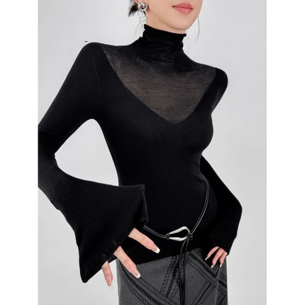黑色纯欲高领毛衣长袖针织衫女秋冬新款镂空拼接修身内搭打底上衣