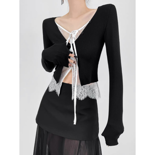 t恤上衣秋 蕾丝拼接假两件v领开衫 外套女纯欲性感防晒罩衫 长袖 短款