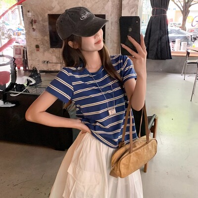 FARVEN韩国甜美条纹圆领短袖T恤女夏季蓝白条纹撞色显瘦海魂上衣