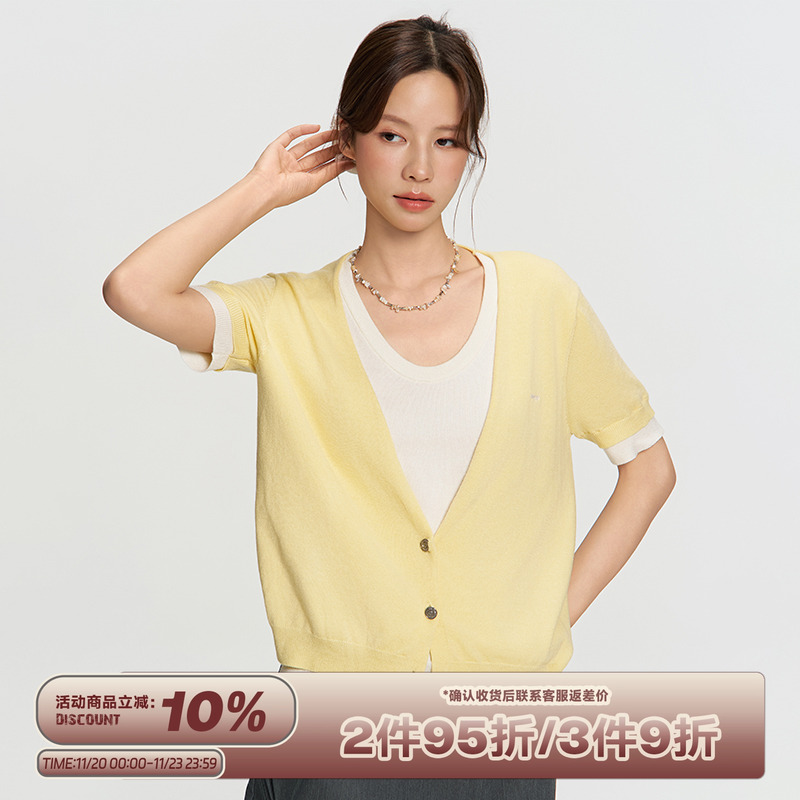 RAPPEYE设计感撞色圆领显瘦开衫拼色百搭上衣假两件针织短袖T恤女