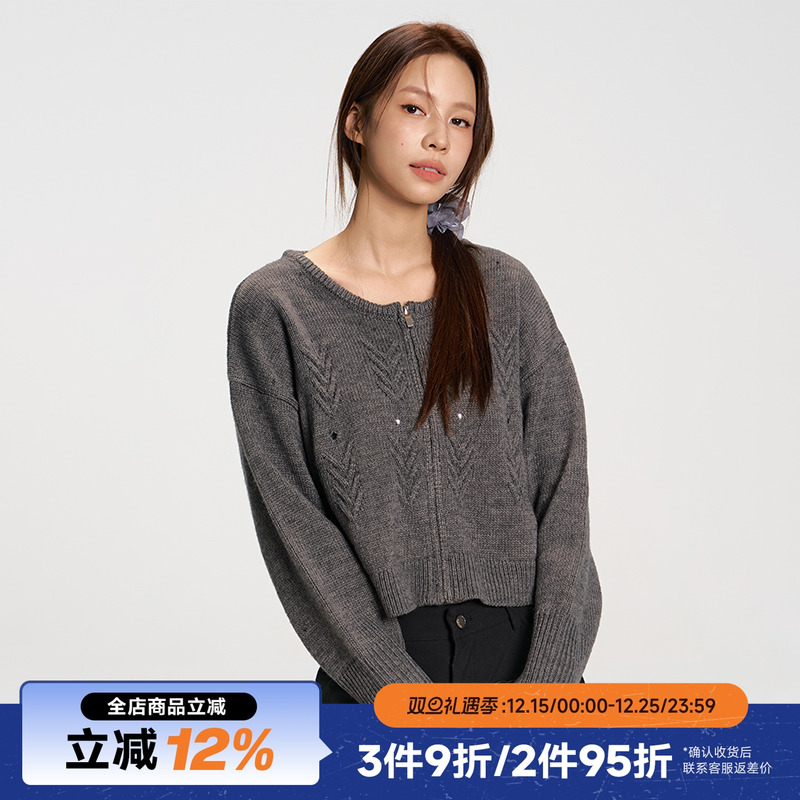 RAPPEYE复古简约提花镂空宽松圆领拉链毛衣羊毛针织箭头开衫外套