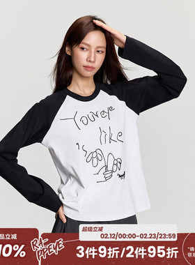 RAPPEYE 美式潮牌复古撞色设计宽松休闲插肩拼接珠绣长袖T恤上衣