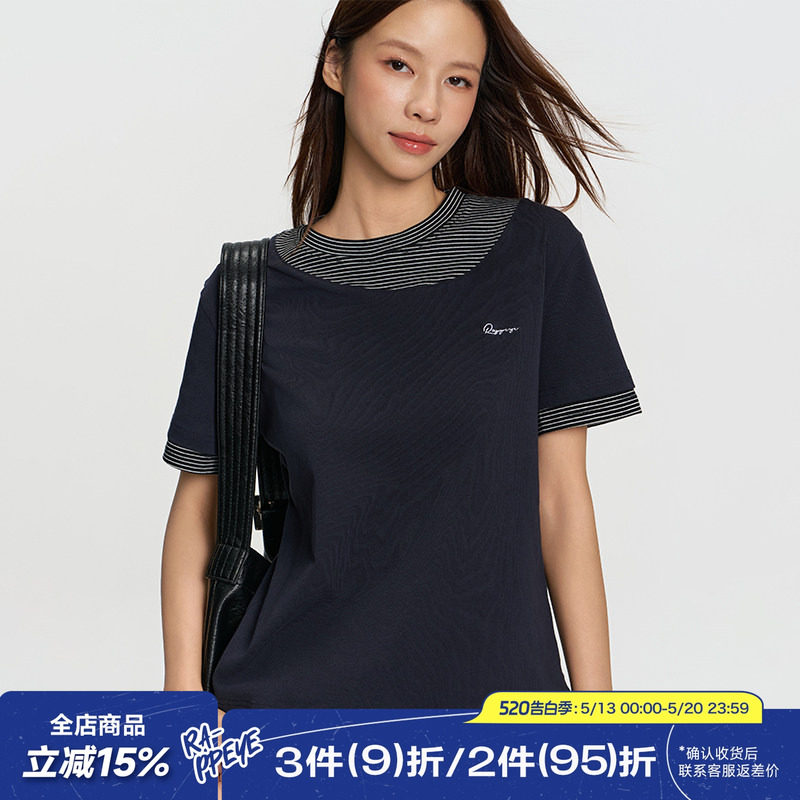 RAPPEYE 圆领假两件短袖设计感不规则拼接条纹刺绣宽松正肩T恤女