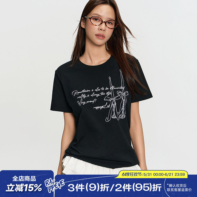 RAPPEYE 蝴蝶结烛台短袖宽松百搭时尚设计感复古圆领刺绣印花T恤