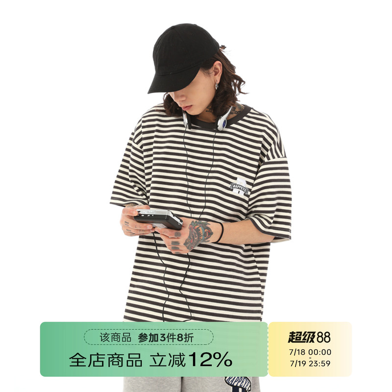 【潮WOO专属】RAPPEYE美式R字条纹短袖夏季宽松国潮男女情