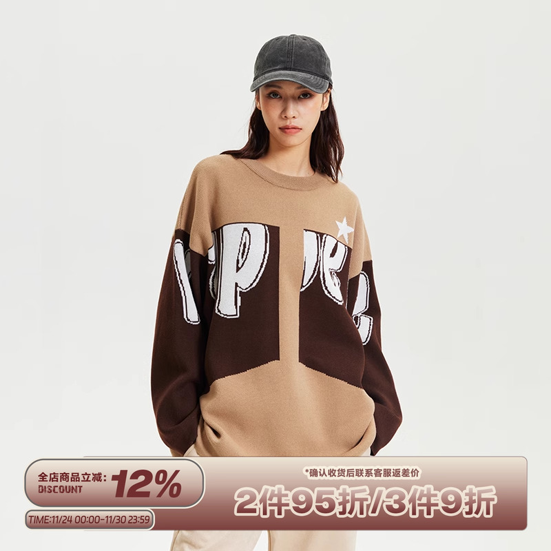 RAPPEYE重磅大字母毛衣男女春秋季慵懒风圆领套头宽松长袖针织衫