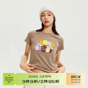 RAPPEYE盆栽绣花圆领短袖t恤女美式复古辣妹修身短款正肩显瘦上衣