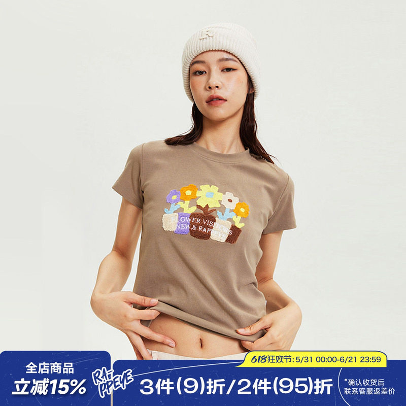 RAPPEYE盆栽绣花圆领短袖t恤女美式复古辣妹修身短款正肩显瘦上衣