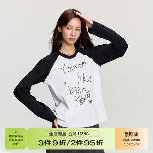 T恤上衣 潮牌复古撞色设计宽松休闲插肩拼接珠绣长袖 RAPPEYE 美式