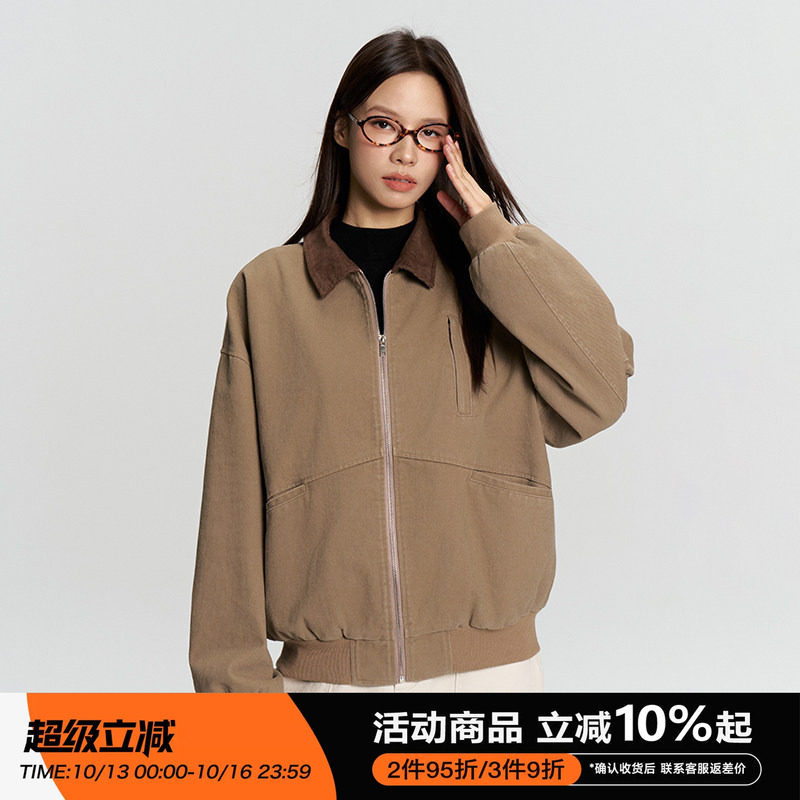 RAPPEYE 美式复古撞色斜纹翻领休闲短外套情侣同款巴恩风工装夹克