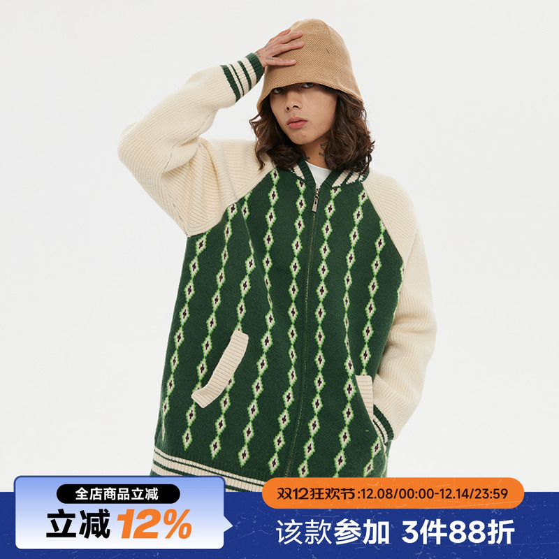 RAPPEYE绿色菱格超厚毛衣外套