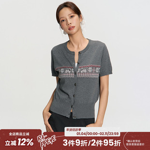 RAPPEYE 文艺复古撞色提花圆领短袖上衣费尔岛早秋薄款针织开衫女