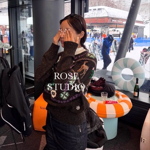 25N滑雪季 立体刺绣麋鹿羊绒混纺银丝费尔岛毛衣开衫外套