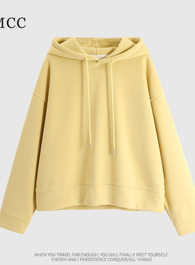 IMCC设计感小众韩系纯色加绒连帽卫衣女冬宽松休闲短款上衣叠搭