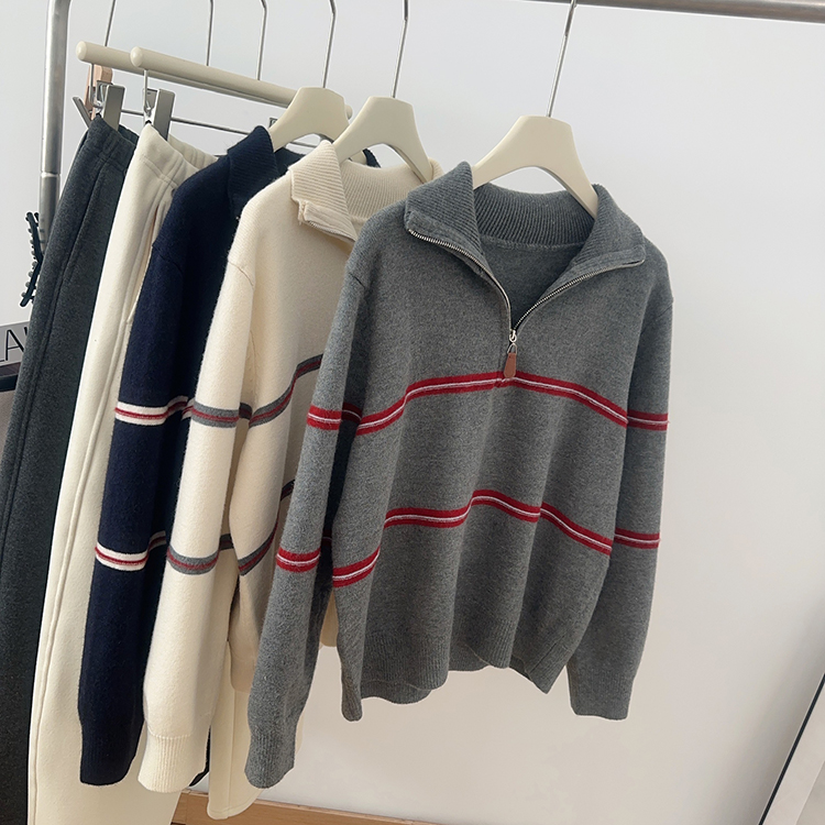 撞色条纹半拉链套头针织衫毛衣