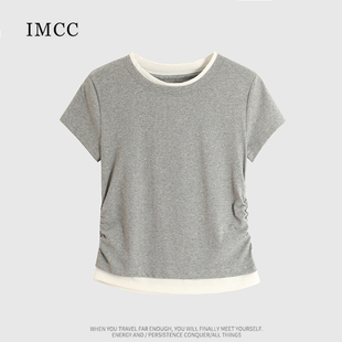 T恤女夏正肩收腰显瘦褶皱短上衣ins IMCC设计感小众假两件圆领短袖
