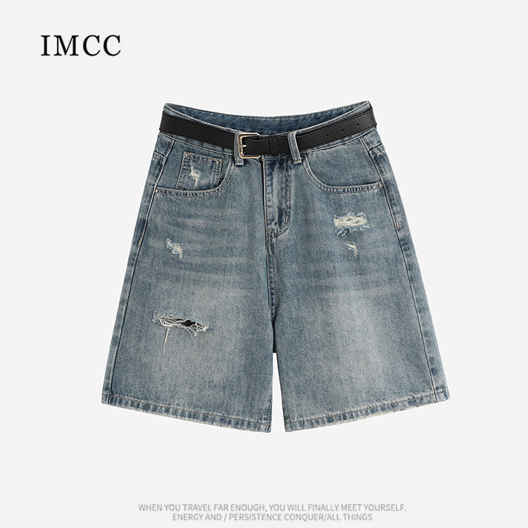 IMCC挚爱推荐！小众帅气破洞腰带牛仔短裤女高腰宽松阔腿五分裤,女装/女士精品,牛仔裤,淘宝优惠券,粉丝福利购,淘宝优惠卷
