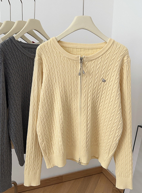 IMCC设计感小众双拉链纯色麻花圆领针织开衫女上衣毛衣开襟外套