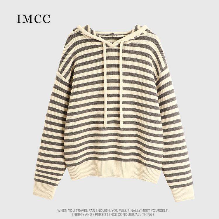 IMCC设计感小众撞色条纹针织连帽毛衣女宽松百搭加厚宽松帽衫外套,女装/女士精品,毛针织衫,淘宝优惠券,粉丝福利购,淘宝优惠卷