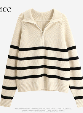 IMCC设计感小众半拉链条纹套头毛衣女秋冬加厚宽松针织衫内搭上衣