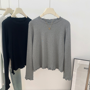 IMCC设计感小众木耳花边加绒长袖短款T恤女25冬厚宽松打底衫上衣