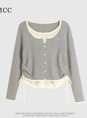 IMCC设计感小众韩系假两件条纹天丝针织衫女宽松显瘦百搭上衣小衫