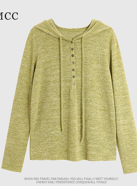 IMCC设计感连帽软糯亲肤宽松T恤女春百搭慵懒帽衫薄色织长袖上衣