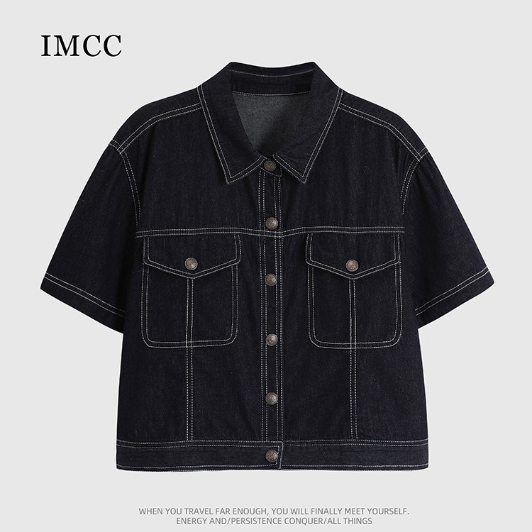 IMCC设计感小众翻领短袖明线牛仔衬衫女2025夏宽松百搭短款外套,女装/女士精品,衬衫,淘宝优惠券,粉丝福利购,淘宝优惠卷
