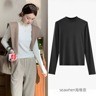SEAWHEN海维恩秋新气质纯色简约干练慕斯绒正肩半高领云朵打底衫