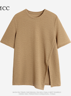 IMCC设计感小众个性不规则侧开叉泡泡棉短袖T恤女夏宽松显瘦上衣