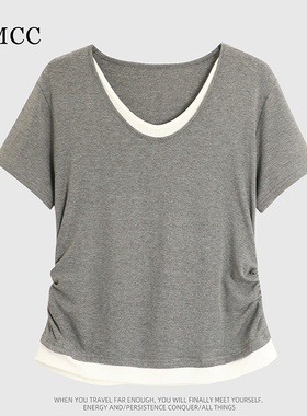 IMCC设计感小众个性拼接假两件V领短袖T恤女褶皱收腰显瘦百搭上衣
