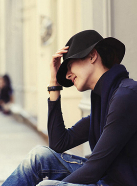 新款黑色毛呢礼帽英伦爵士帽大檐皮带羊毛帽子男女士秋冬季韩版潮