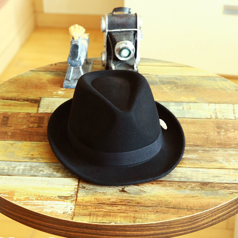 秋冬帽女时尚韩版潮小礼帽男英伦卷边黑色毛呢帽名媛爵士帽老人帽