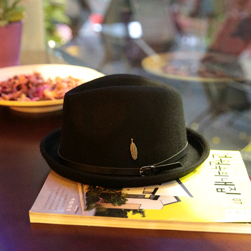新款羊毛呢帽子女秋冬天英伦复古韩版潮男士百搭小礼帽卷边爵士帽