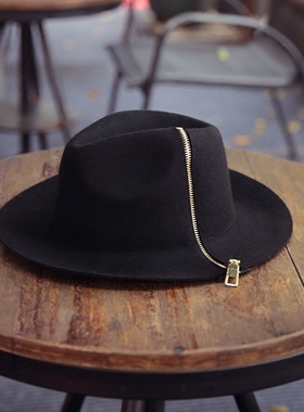 羊毛帽子女秋冬季礼帽男士英伦爵士帽毛呢帽出旅时尚帽黑色大檐帽