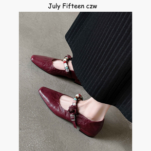 女方头平底一字带浅口单鞋 复古羊皮花朵串珠玛丽珍鞋 法式 2026新款