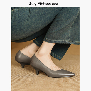 百搭气质优雅高跟鞋 女猫跟鞋 头层小牛皮尖头坡跟浅口单鞋 2026新款