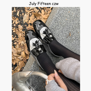 女百搭真皮单鞋 2026春季 流苏拼色方头低跟乐福鞋 英伦风小皮鞋 新款