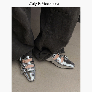 双皮带扣带芭蕾舞平底鞋 女复古方头单鞋 真皮铆钉玛丽珍鞋 2026新款