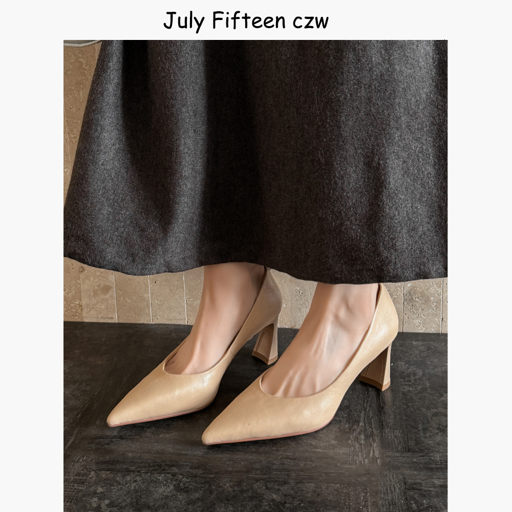 头层羊皮优雅气质尖头粗跟浅口单鞋女2026春夏新款百搭通勤高跟鞋