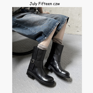 头层牛皮 马丁靴中筒靴 纯手工英伦复古粗跟皮带扣短靴女2025新款